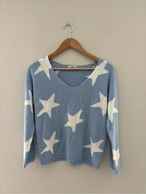 Altar'd State Blue White Star Knit Sweater XS Soft Cozy V-Neck Pullover